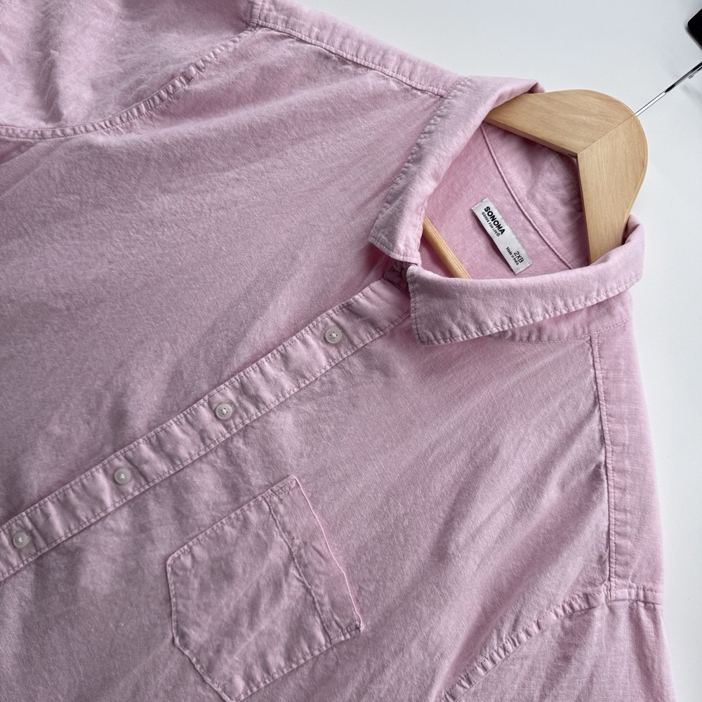 Sonoma Button Down Shirt Men's 2XB Light Pink Cotton Linen Blend Short Sleeve